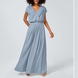 Halara V Neck Short Sleeve Side Pocket Wide Leg Flowy Waffle Casual Jumpsuit